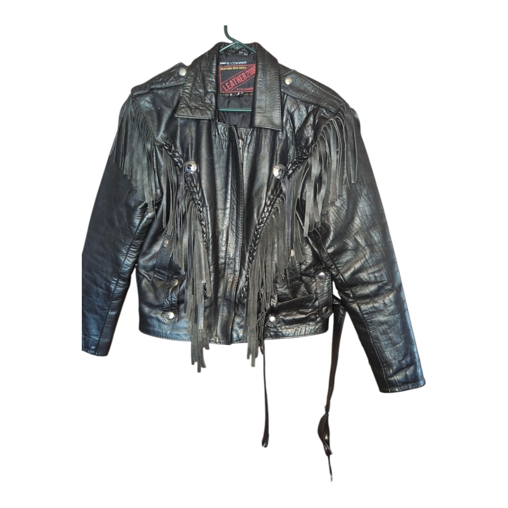 Beautiful Fringe Braided  Bloomerz Leather‎ 2000 Vintage Motorcycle Jacket LG